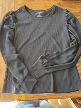 Nine West Black Ribbed Top with Sheer Puff Sleeves